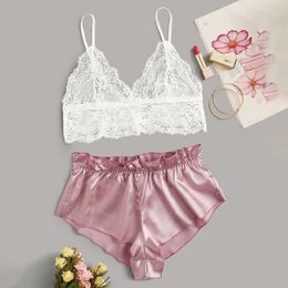 Ladies Fashion Polyester Sexy White Lace Suspenders Hollow Silk Pink Shorts Comfortable Pajamas Set F Q0706