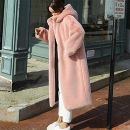 Women Winter Faux Fur Coat Hooded Long Coats Thick Warm Female Plush Plus Size Loose OverCoat 211220