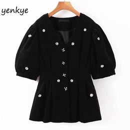 Women Fashion Faux Pearl Appliques Corduroy Tops Femme V Neck Puff Sleeve Vintage Black Blouse LJPZ9194 210514