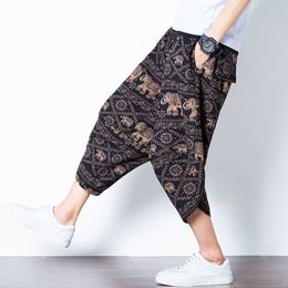 Mens Pants Male Summer Casual Ankle-Length Pants Man 2019 Pattern Print Baggy Loose Trousers X0723