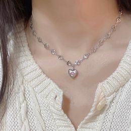Chains Trendy Vintage Pink Rhinestone Heart Chain Pendant Necklaces For Women Girl Fashion Geometric Necklace Jewellery Gift Bijoux Femme