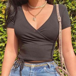 Ribbed Bandage Sexy Deep V-Neck Summer Y2k Crop Top T Shirt Women Solid Short Sleeve Tie Up Female Basic Casual Tee 210510