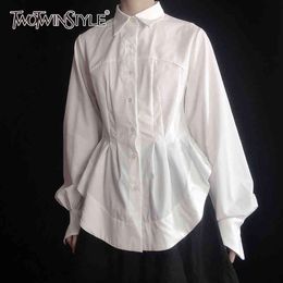 Casual Tunic Women Shirt Lapel Collar Lantern Long Sleeve High Waist Loose Blouse Female Fashion Clothing 210524