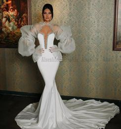 Long Sleeves White Mermaid Prom Dress With Jacket 2022 Satin vestidos de noche Saudi Arabic Formal Party Gowns for Women