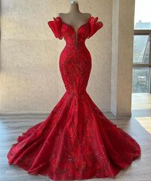 2022 Plus Size Arabic Aso Ebi Red Luxurious Mermaid Prom Dresses Lace Beaded Evening Formal Party Second Reception Birthday Engagement Gowns Dress