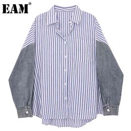 [EAM] Women Blue Denim Plaid Spliced Big Size Blouse Lapel Long Sleeve Loose Fit Shirt Fashion Spring Autumn 1DD6894 21512
