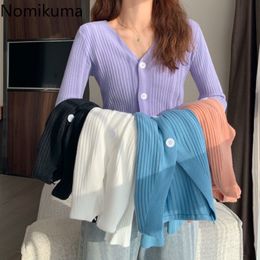 Nomikuma Korean Style V Neck Long Sleeve Cropped Cardigan Women Solid Colour Single Breasted Tops Sweater Female All-match 3c483 210514