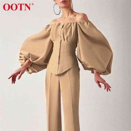 OOTN Sexy Slim Off Shoulder Women Shirt Blouses Lantern Sleeve Tunic Female Top Laides Shirt Pleated Elegant White Blouse Button 210323