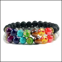 Jewelry Beaded, Strands 2Pcs/Set Natural Stone Tiger Eye 7 Chakra Bracelets Black Lava Beads Healing Nce Strand Bracelet Bangle Reiki Buddha