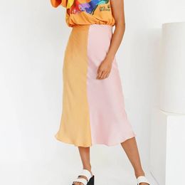 -Женщины юбка два цвета лоскутное длинные юбки для летнего искусственного шелка тонкий женский мода тонкая нижняя 210524