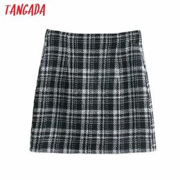 Tangada Women Elegant Plaid Pattern Tweed Skirts Faldas Mujer Zipper Female Mini Skirt 4M77 210609