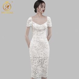 Fashion Summer Elegant Lace Dress Women Sexy V-Neck Short Sleeve Dresses OL Work Wear Vestidos 210520