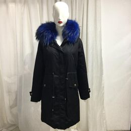 Women's Fur & Faux Voguish Long Style Warm Parka Black Outwear Dark Blue Lined Coat With Big Hooded Clothing