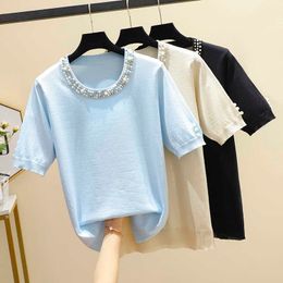 L-4XL plus size women Summer Beading chic thin sweaters short sleeve o neck Oversized pullover female t shirt top jumper 210604