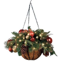 Christmas Decorations Pre-lit Hanging Basket With Artificial Plants Led String Lights Frosted Pine Cones For Indoor Outdoor Garden