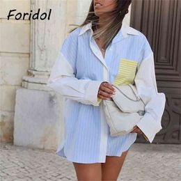 Casual Striped Oversized Blouse Shirt Button Up Loose Blue Summer Spring Tops Streetwear Female Clothes 210427