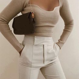 Stylish Chic Beige Knitted Cropped Blouses Women 2021 Fashion Sexy Square Collar Shirts Girls Streetwear Casual Tops 210317