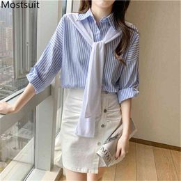 Striped Women Shirt With Shawl Full Sleeve Singl-breasted Fresh Fashion Tops Loose Casual Female Blusas Mujer Autumn 210513