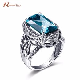 Fashion Womens Vintage Luxury Big Ring Soild 925 Sterling Silver Created Aquamarine Crystal Birthstone Ring For Women Party