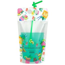 2021 500ml Fruit pattern Plastic Drink Packaging Bag Pouch for Beverage Juice Milk Coffee, with Handle and Holes for Straw