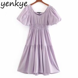 Vintage Solid Colour Elegant Women Dress Square Neck Lantern Sleeve Elastic Waist Slim A-line Summer Party vestido 210514