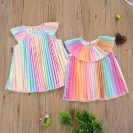 0-3Y Summer Girls Rainbow Dress Toddler Infant Baby Ruffles Striped Sleeveless Dresses Clothing Costumes 210515