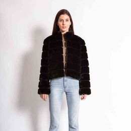 Warp knitted rabbit hair coat women's imitation splicing black high-end long sleeve short wool fur 211207