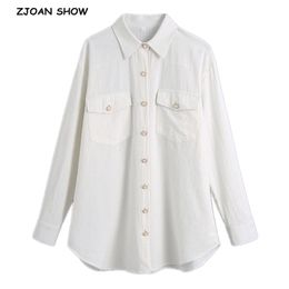 Spring Autumn Chic Lapel Pearl Buttons Women Shirt Double Pockets Loose Cotton Casual Blouse Tops Female Fashion 210429