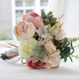 -Flores decorativas Grinaldas 2021 Estilo Europeu Buquês de Casamento Artificial para Noiva Cristal Peônia Lace Broche Bouquet de Mariage 11 Cor
