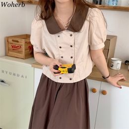 Women Blouses Korean Vintage Blusas Mujer Peter Pan Collar Puff Sleeve Shirts Double Breasted Slim Short Elegant Tops 210519