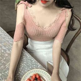 v neck lace pink Sexy Women Off Shoulder short Sleeve Knitted Sweater Solid Skinny Slim s pullover 210423