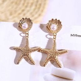 Linmouge Starfish Fashion Earrings For Women Elegant Gold Colour Shell Pearl Statement Party Wedding Female Jewellery EF165 Hoop & Huggie