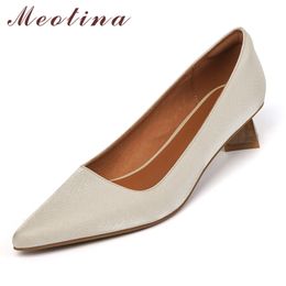 Meotina Pointed Toe Women Shoes Shallow Strange Style Heels Pumps Mid Heel Office Footwear Ladies Slip On Shoes Spring White 40 210520