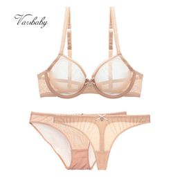 Varsbaby ultra-thin cup mesh lace underwear transparent unlined 1 bra+2 panties bra set for ladies X0526