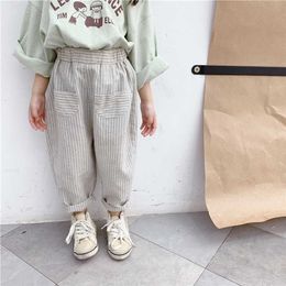 Korean style girls striped casual pants baby boys cotton all-match trousers 1-6 years kids clothes 211103