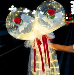 LED Luminous Balloon Rose Bouquet Transparent Bobo Ball Rose Valentines Day Gift Birthday Party Wedding Decoration Balloons DAF349