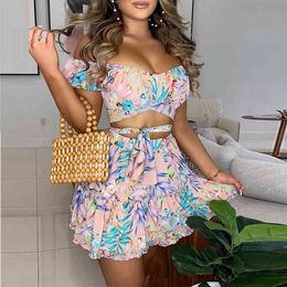 Women Pink Floral Print Sexy V Neck Crop Top & Lace Up Mini Skirt Summer Fashion Woman Dress Vestido De Mujer 210521