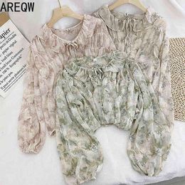 Spring and Summer Super Fairy Foreign Style Loose Ruffled Lace Floral Chiffon Shirt Pleated Shirt Women Long Sleeve Blouse 210507