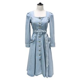 Women Elegant Square Collar Blue Denim Dress Single-breasted Sash Pocket Long Sleeve A-line Knee Length Dresses D2321 210514