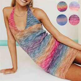 Halter Sexy Backless Mini knit Dresses Bodycon Summer Women's Slim-fit Hip Sweater Open Back Rainbow Knit 210508