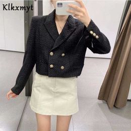 Klkxmyt Za Women Fashion Office Wear Double Breasted Tweed Short Blazer Coat Vintage Long Sleeve Female Outerwear Chic Tops 210527