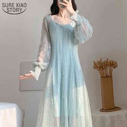 Summer Elegant Sequined Mesh Long Sleeve Dress High Waist A-type Solid Two-Piece Petal 10123 210508