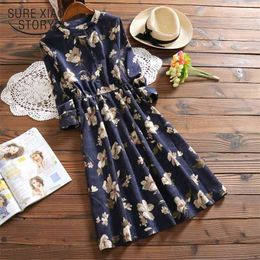 Spring Autumn Vintage Floral Printed Women Dress Long Sleeve Corduroy Button Knee Length Vestidos 7426 50 210508