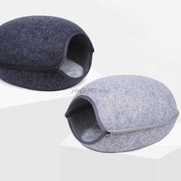 Semi-closed Felt Cat Bed Cave Cat Kitten House With Cushion Detachable Zipper Design Funny Breathable Fish Mouth Nest 210722