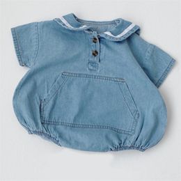 Summer Short-Sleeved Denim Romper With Pockets Navy Collar Bodysuit Baby Girl Clothes Boy 210528
