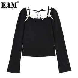 [EAM] Women Black Slim Bandage Bow Hollow Out Slim T-shirt Square Collar Long Sleeve Fashion Spring Autumn 1DD6677 210512