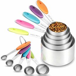 Measuring Cups Spoons Set Stainless Steel Cup Spoon For Baking Tea Coffee Kitchen Tools With Silicone Handle 210615