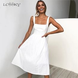 Lossky Casual Solid Dres Midi Long Summer Sexy Backless Slip Dresses Ruched Fashion Elegant Party Clothes Leisure 210623