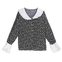 Black Shirt Button Floral Print Ruffle Peter Pan Collar Flare Long Sleeve Top Korea Japan B0757 210514