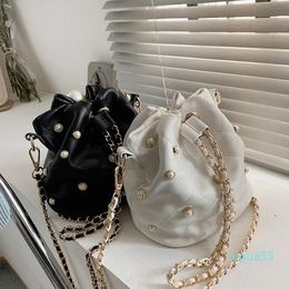 Lattice Pearl Drawstring Bucket Bag Summer Quality PU Leather Women's Designer Handbag Chain Shoulder Messenger Cross Body